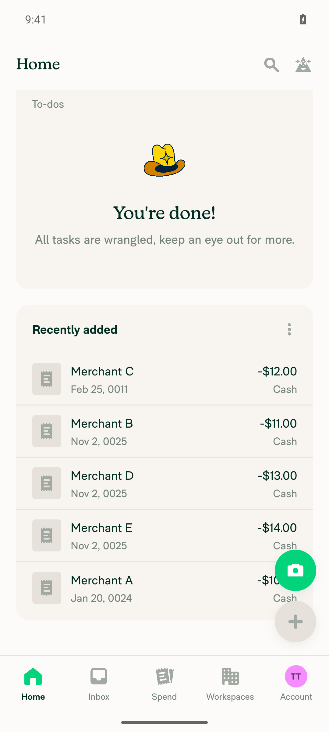 Recently added list showing imported expenses with years 0011, 0024, and 0025