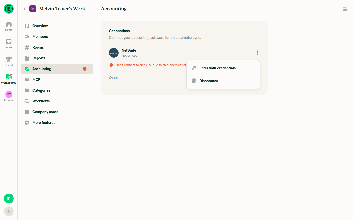 NetSuite connection menu showing only Enter your credentials and Disconnect, no Import option