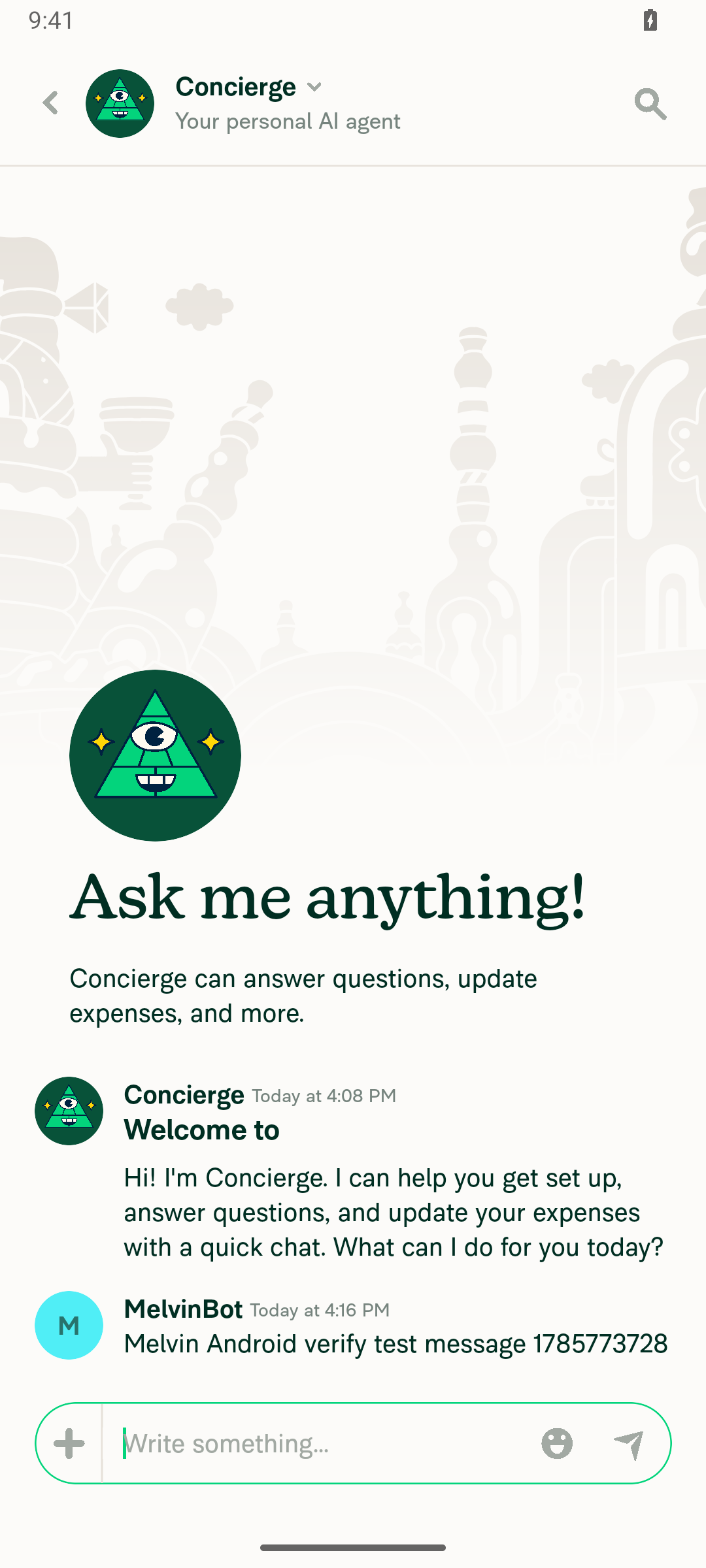 Sent message visible in the Concierge conversation, matching the typed text