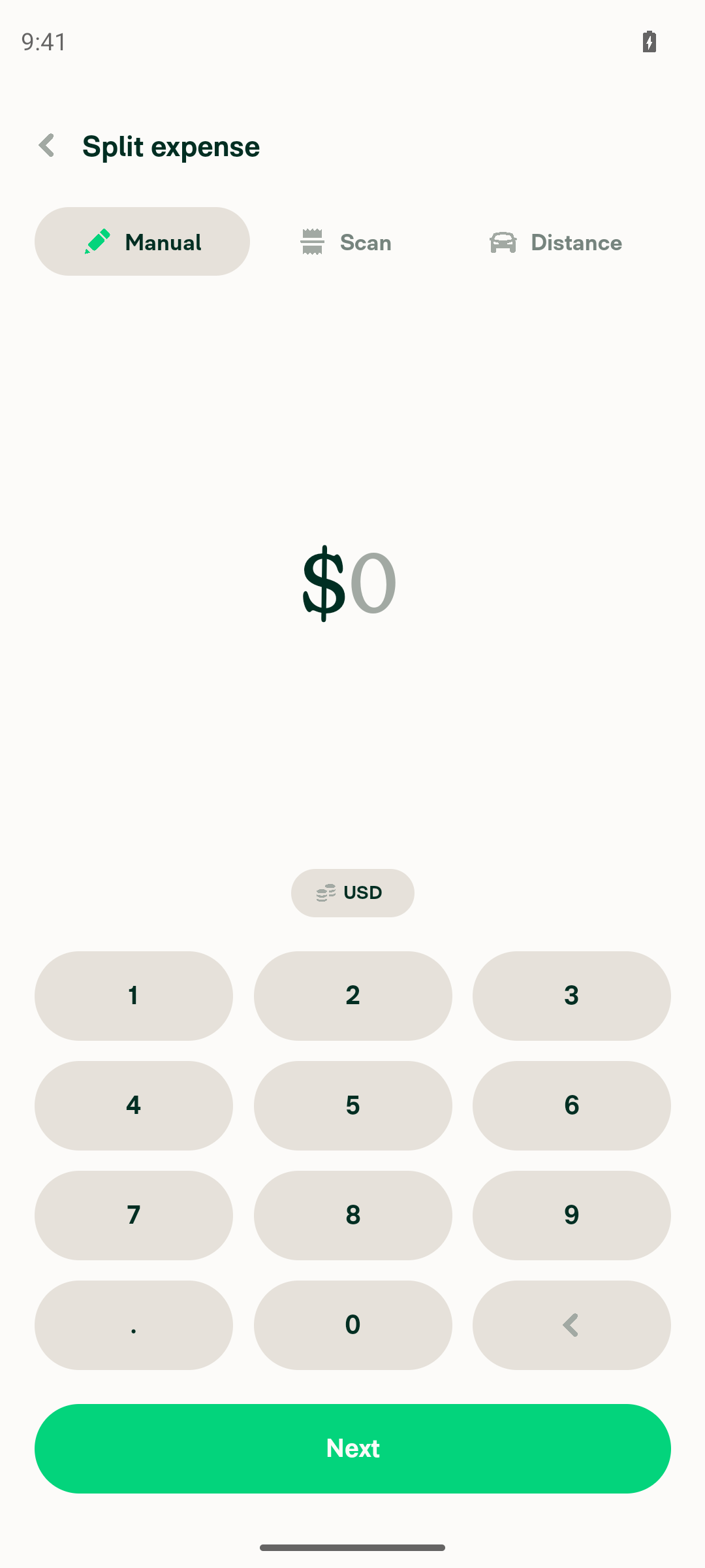 Split expense screen with Distance / Scan / Manual tabs