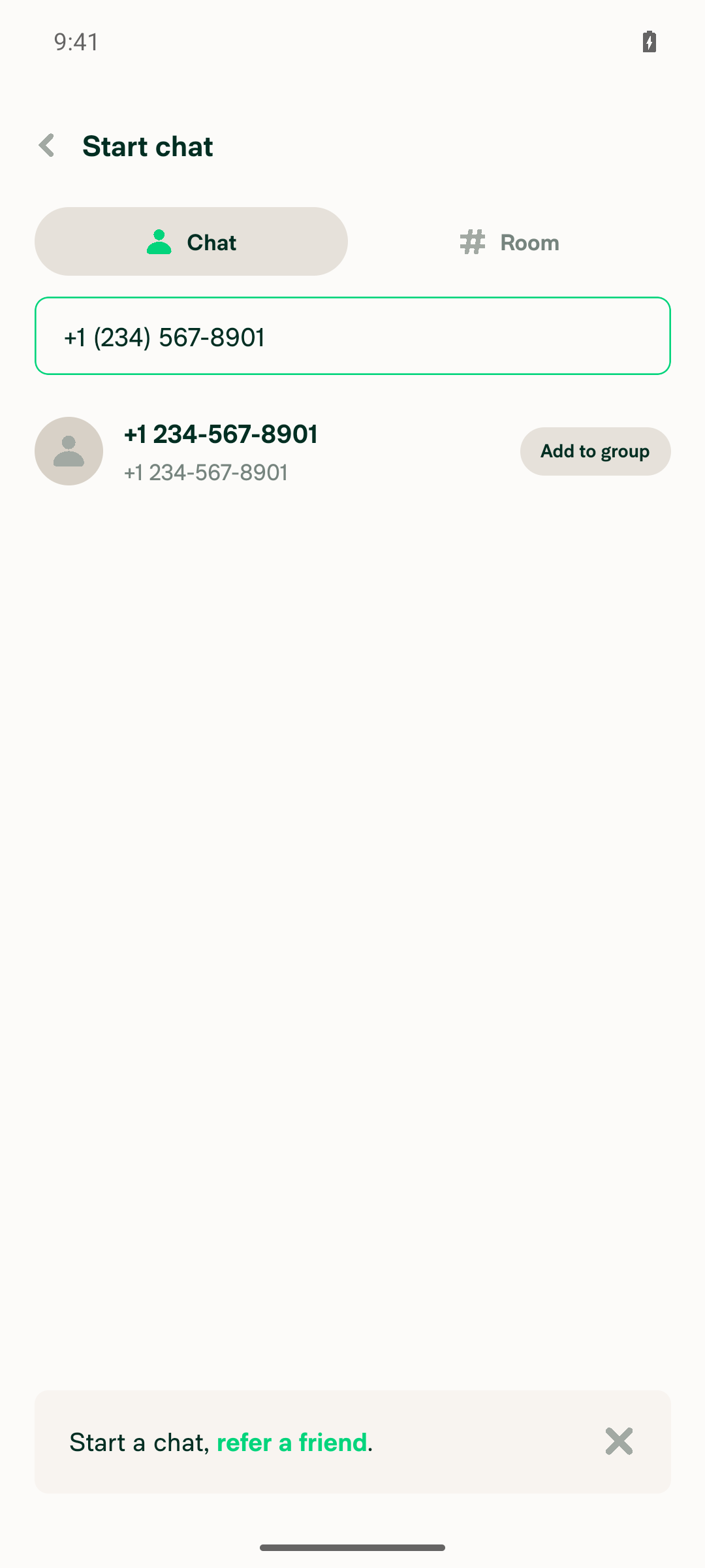 Phone invite row in Start chat
