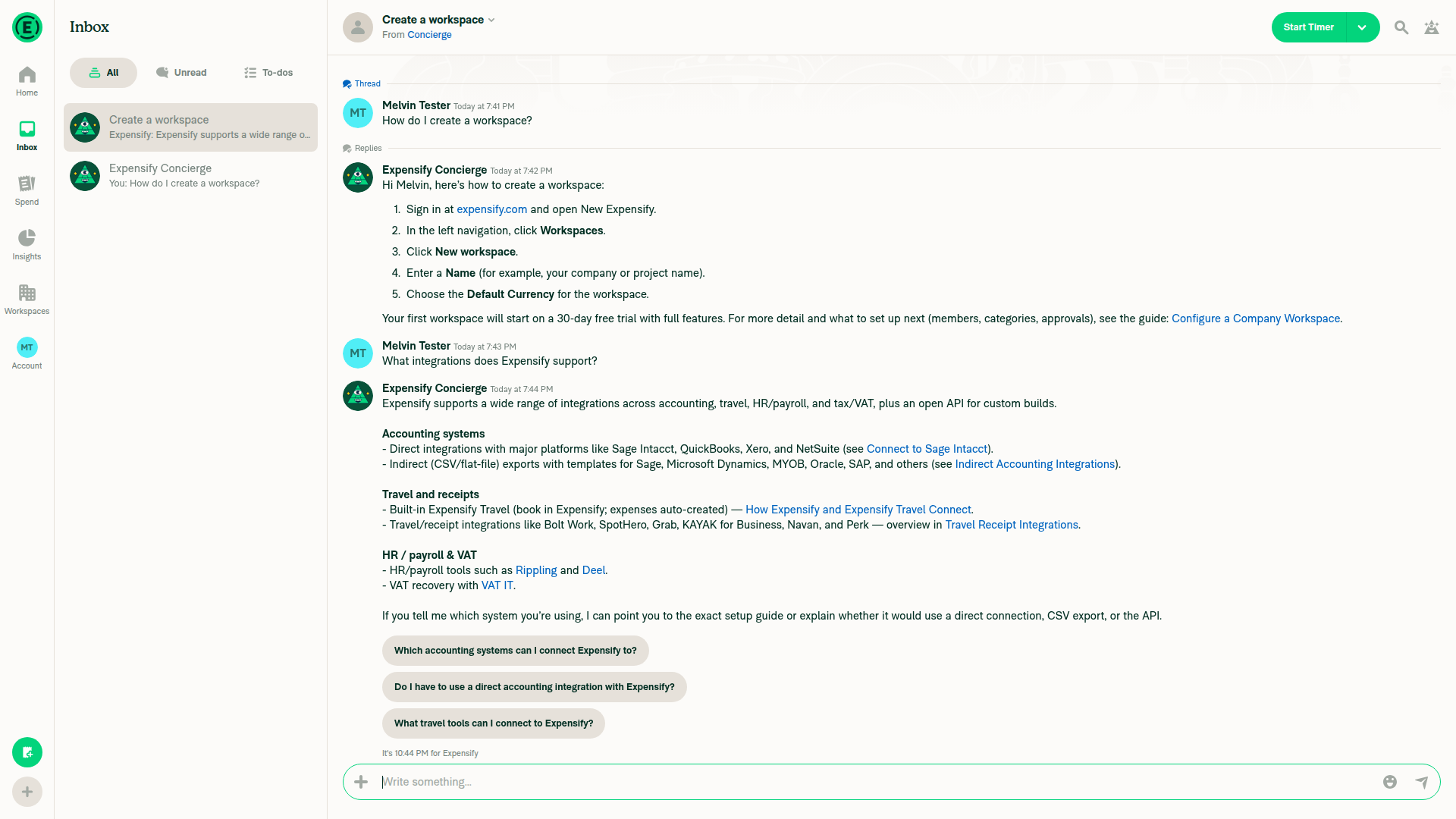 Concierge reply rendered cleanly with no stray indicator