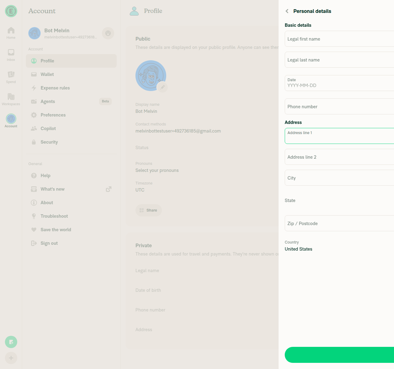 Personal details panel — Address line 1 focused