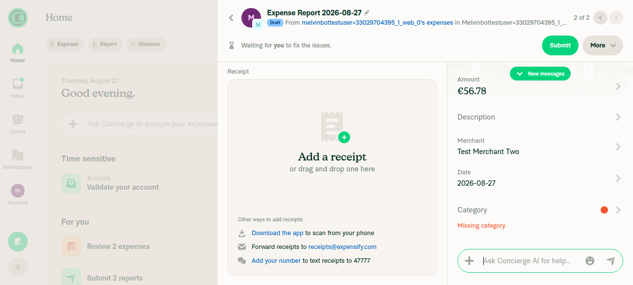 After clicking Next: expense report view shown for expense 2, 2 of 2