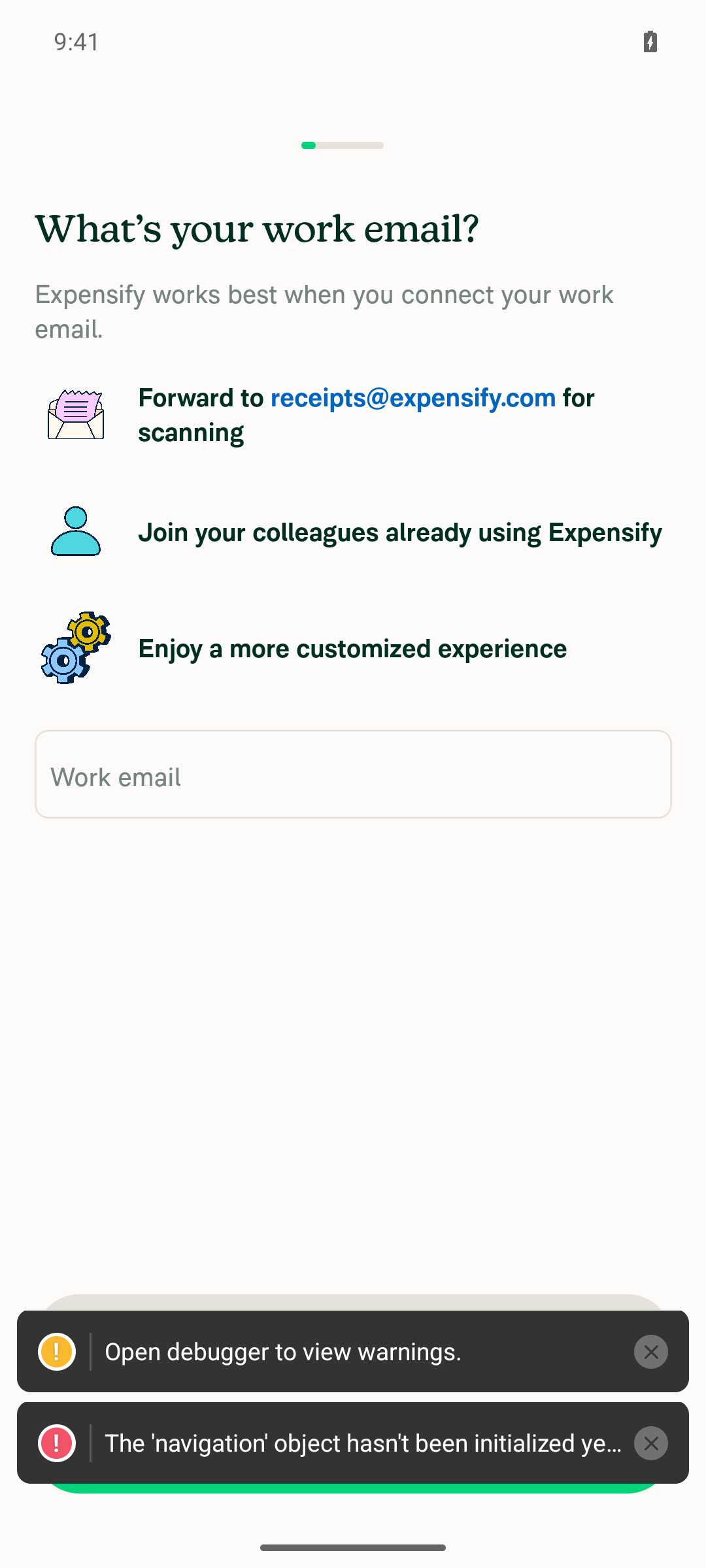 Onboarding work-email step stuck after fresh relaunch