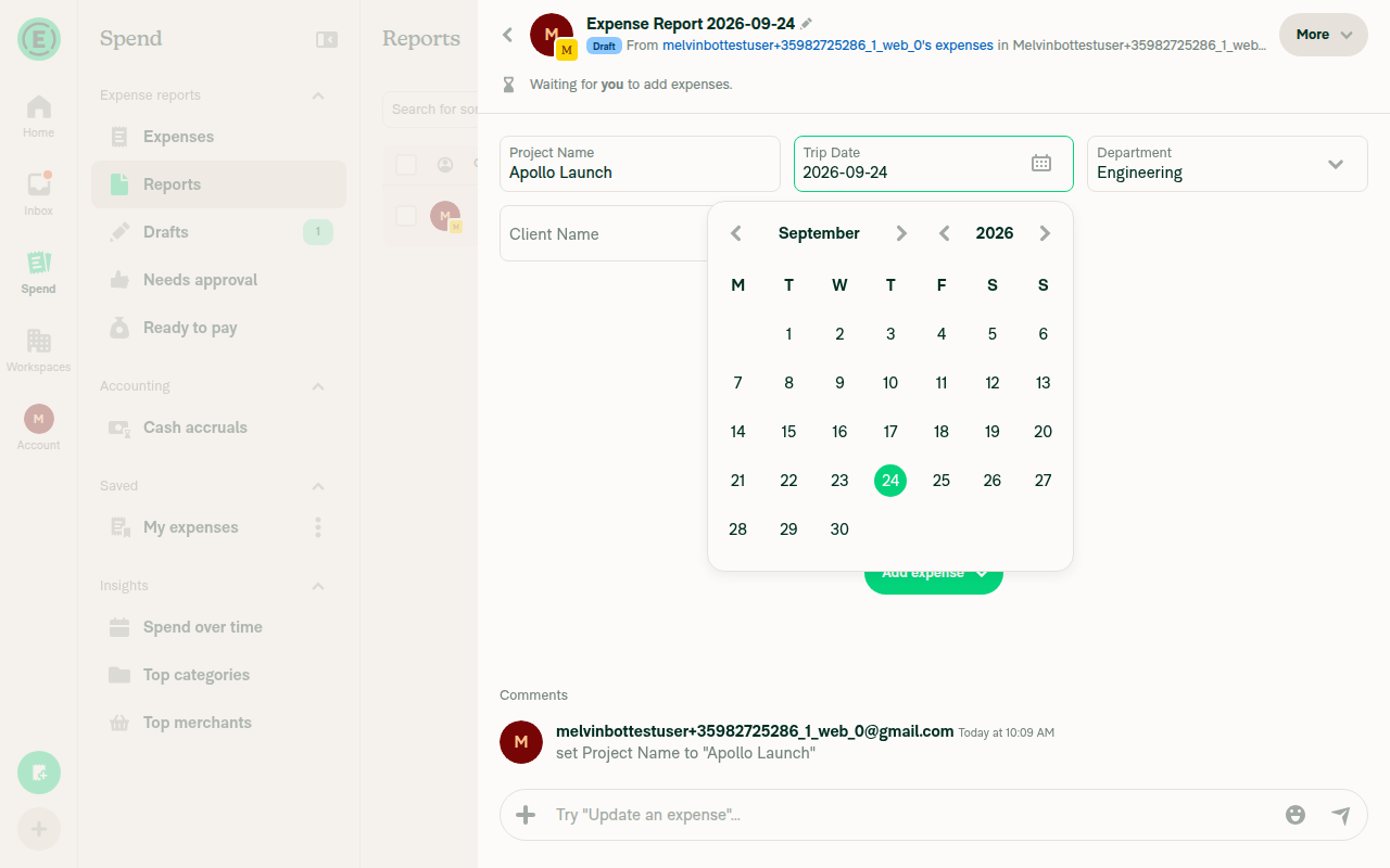 Calendar popover open over the report on the Trip Date field
