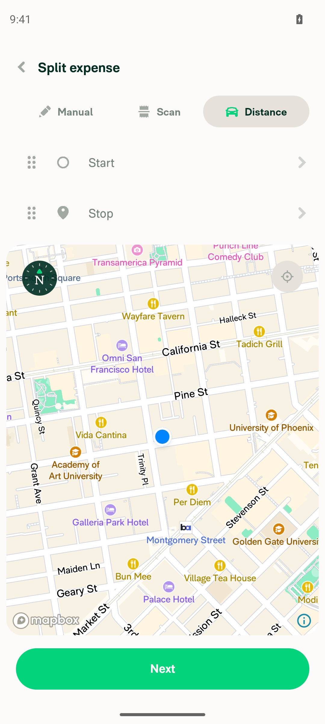 Distance tab selected with map and Start/Stop waypoints