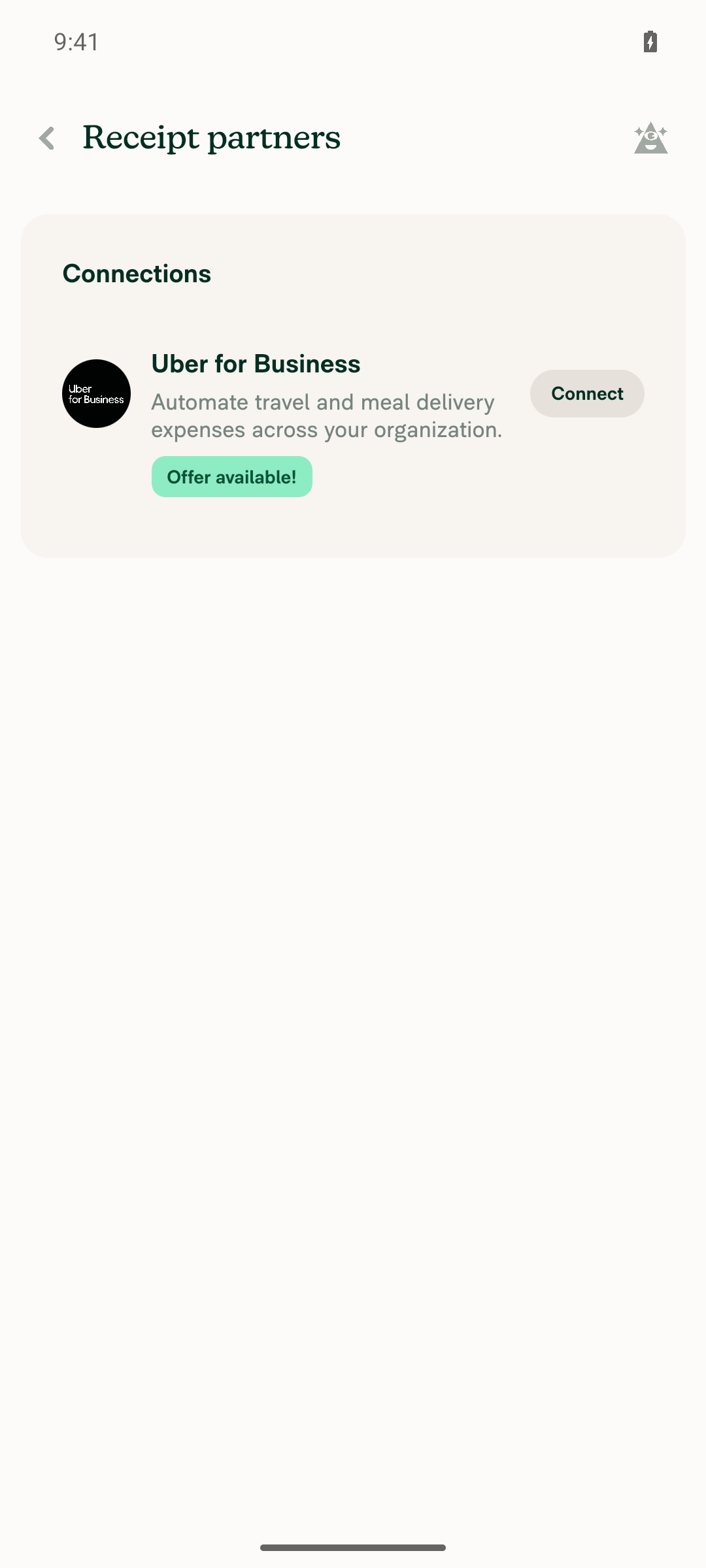 Workspace Receipt partners page rendered with Uber for Business connection