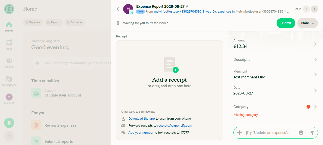 After clicking Previous: expense report view incorrectly shown for expense 1 instead of expense details thread, 1 of 2