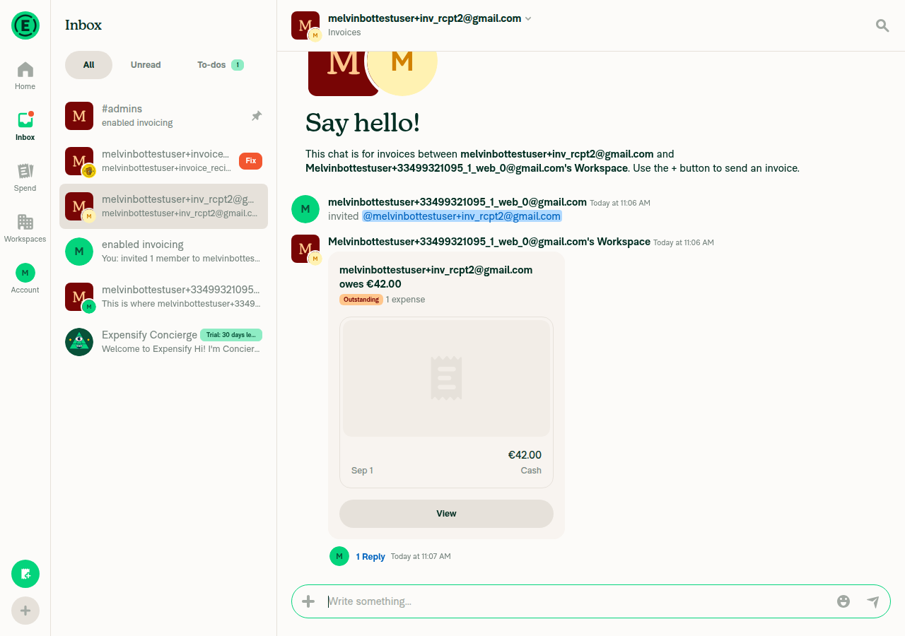 Invoice preview in chat showing the 1 Reply link