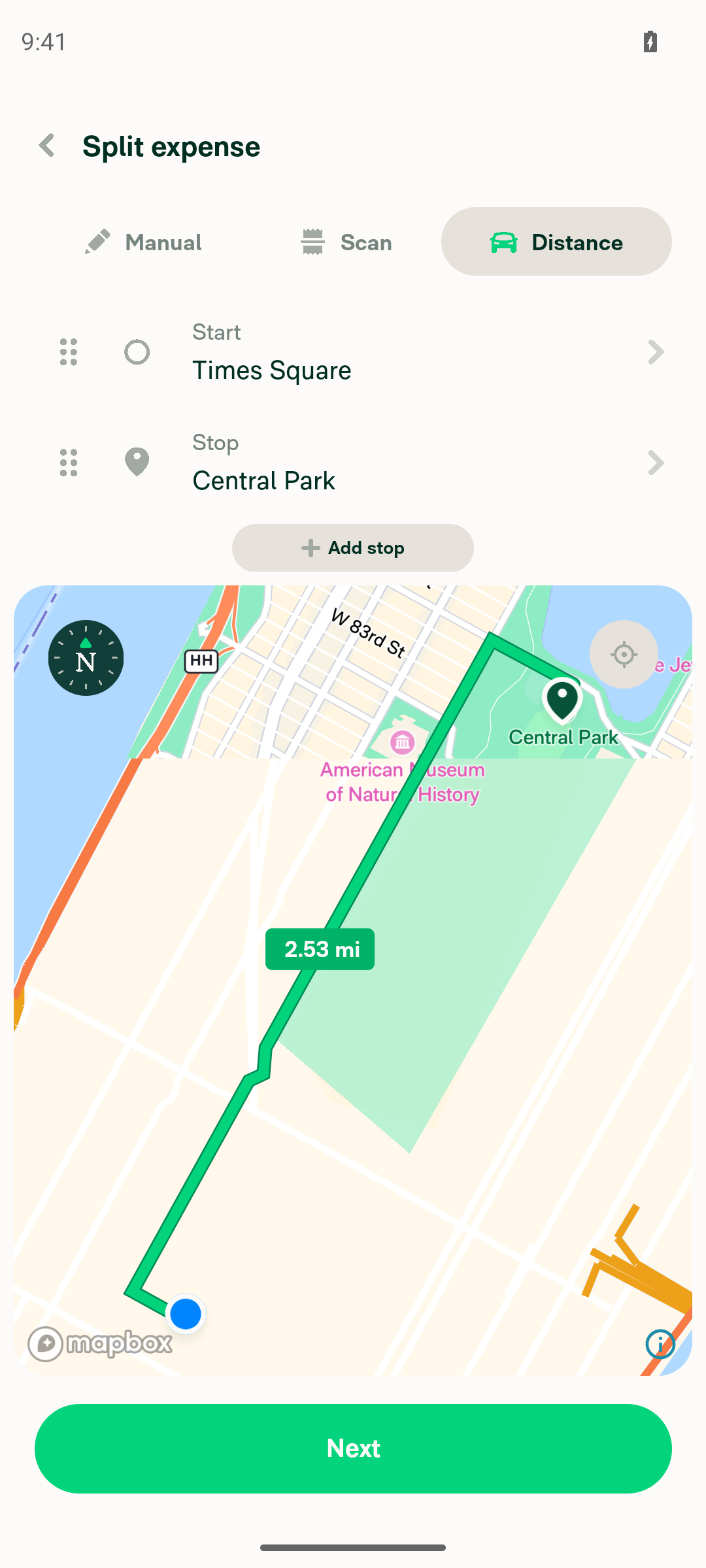 Route set: Times Square to Central Park, 2.53 mi
