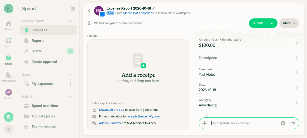 Expense view Category row (Advertising) with no hint beneath it