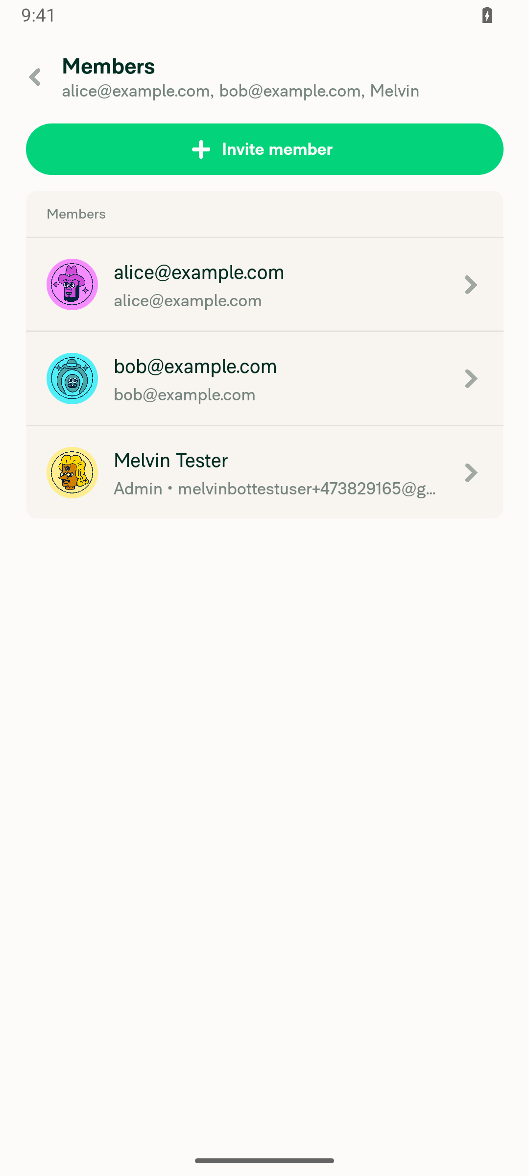 Group members page rendered in the new Table layout on Android: single Members header, avatar + name + subtitle + caret, admin shows Admin dot email