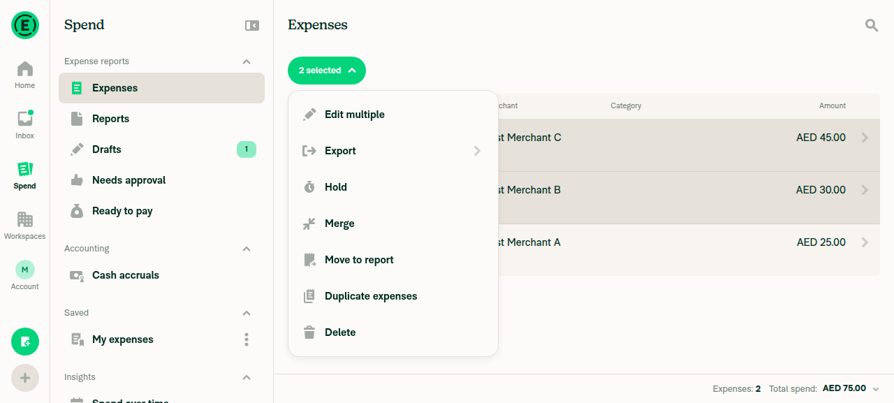 Search page with 2 expenses selected — same options offered