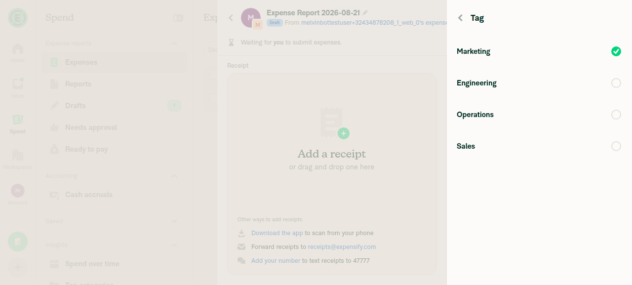 Tag picker with Marketing selected (checked, pinned top) and full list still shown below