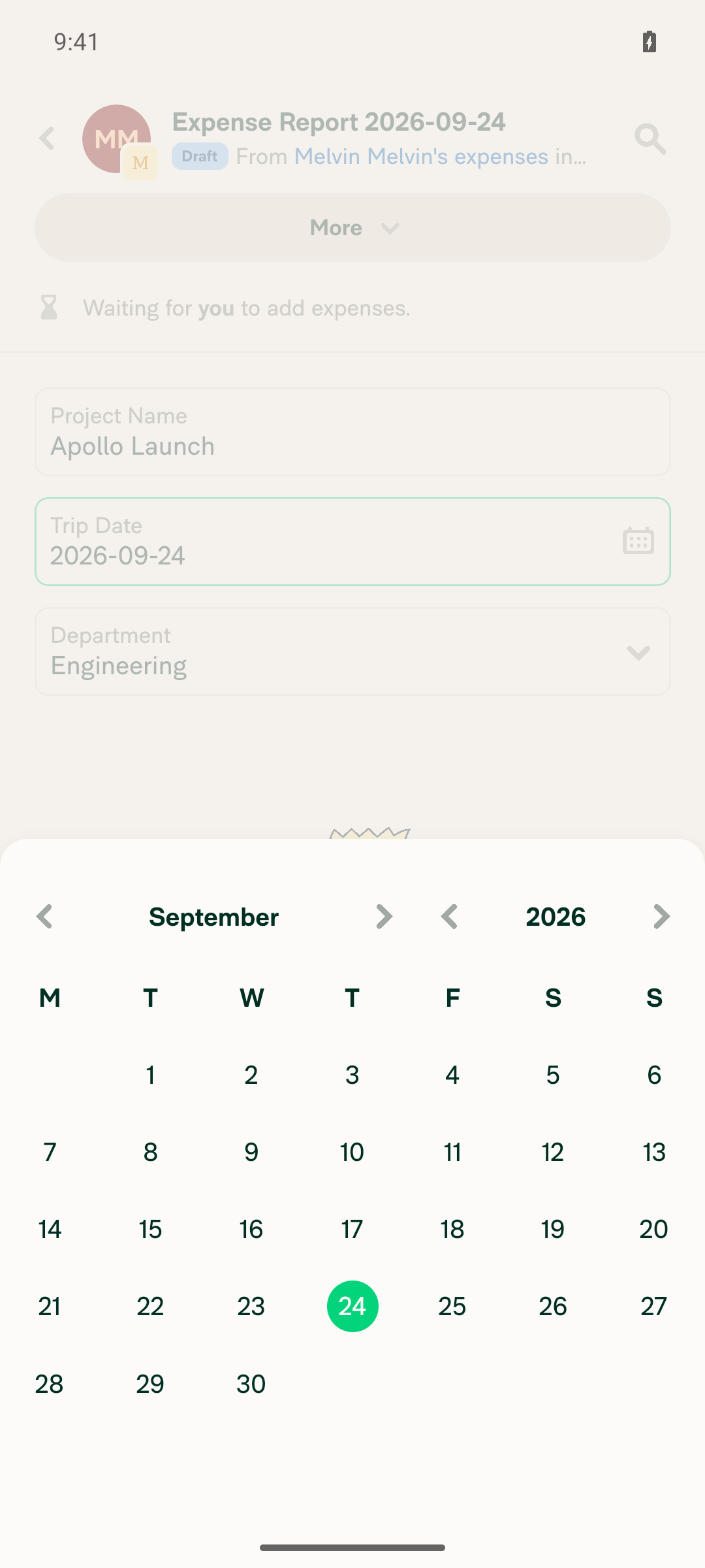 Calendar opening over the report when tapping the date report field