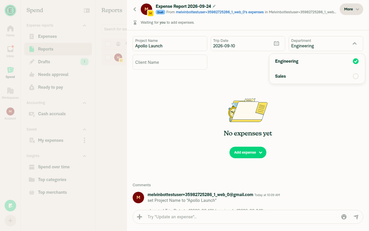 Department dropdown selection popover listing Engineering and Sales