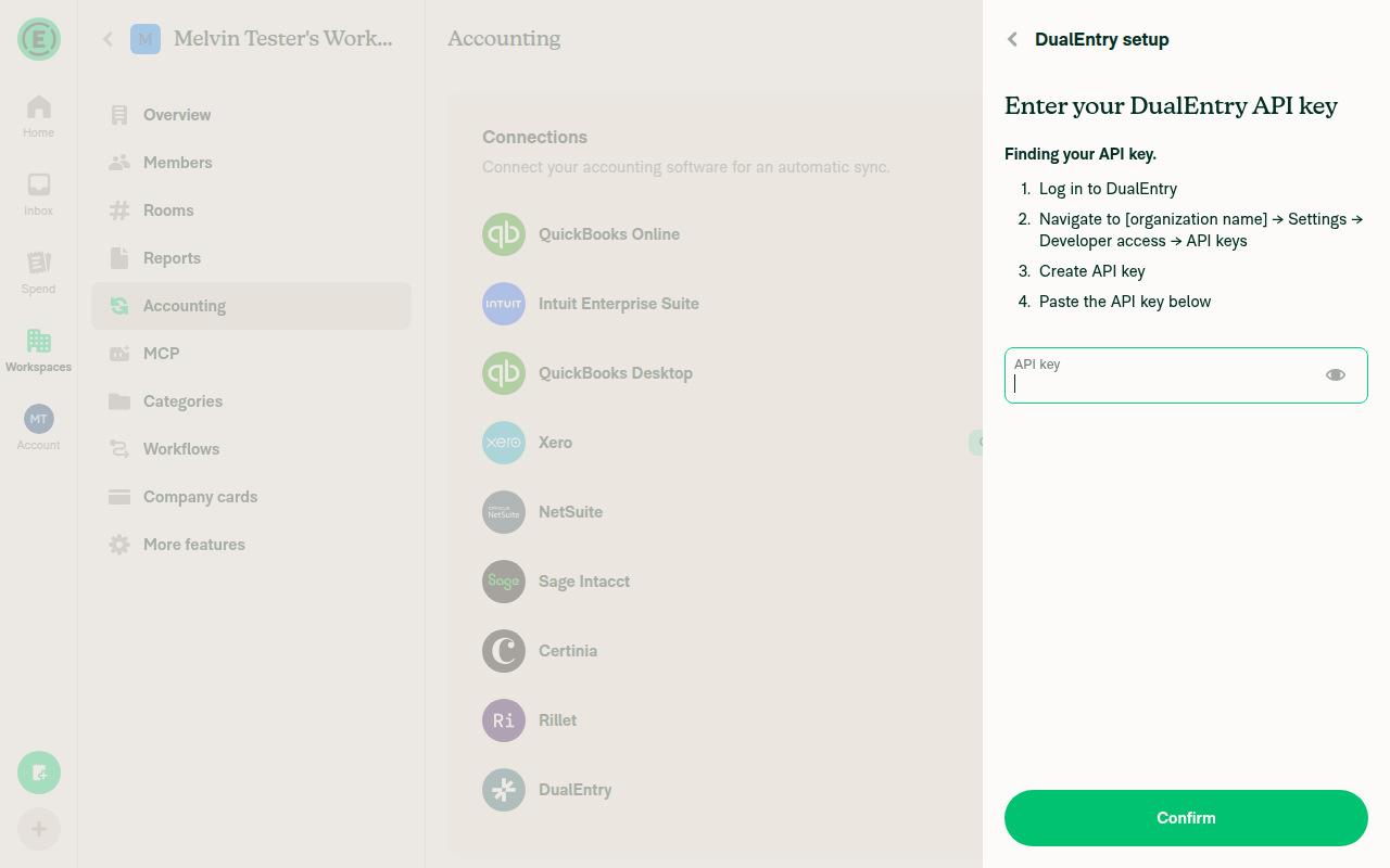 DualEntry setup screen requiring a real DualEntry API key
