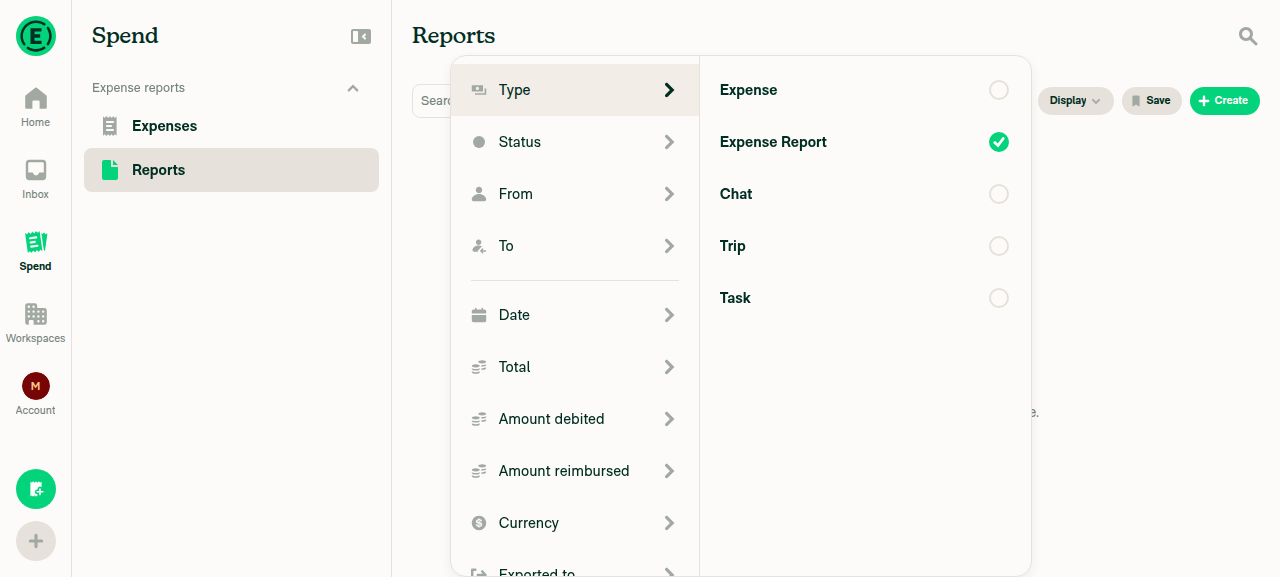 Filters panel for Expense Reports search type showing Total, Amount debited, and Amount reimbursed filter rows