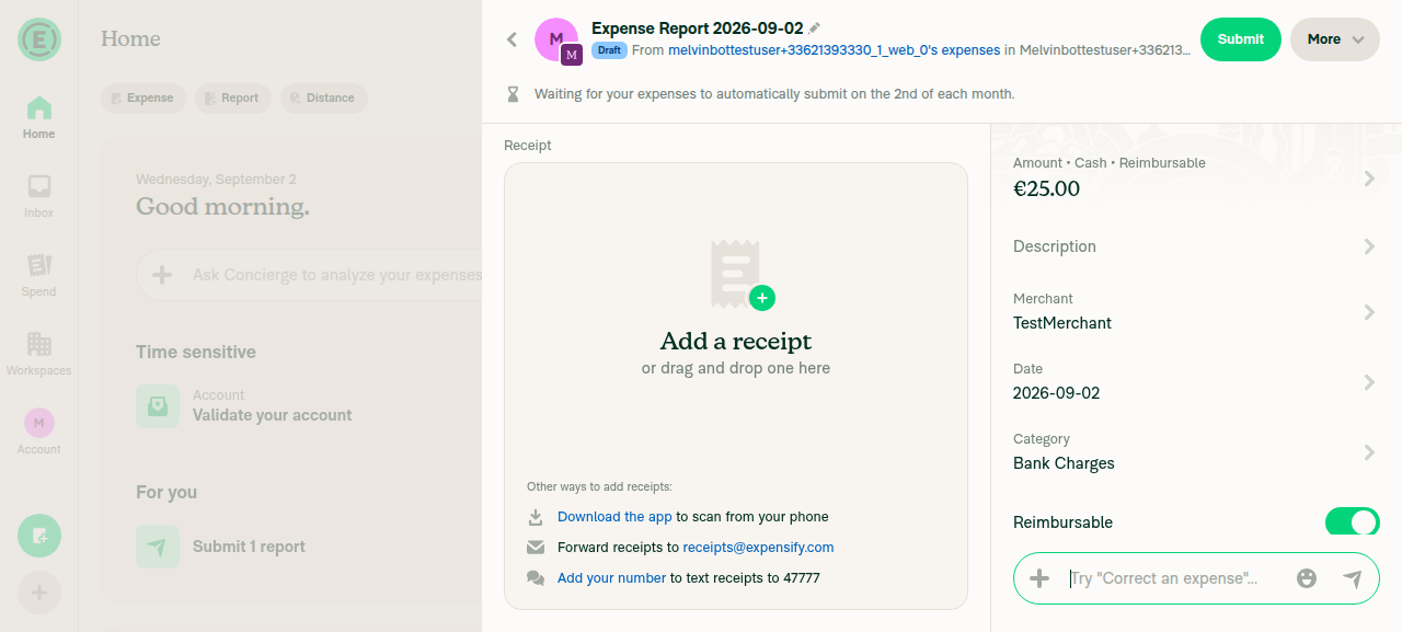 Report next-step message: Waiting for your expenses to automatically submit on the 2nd of each month, dated 2026-09-02