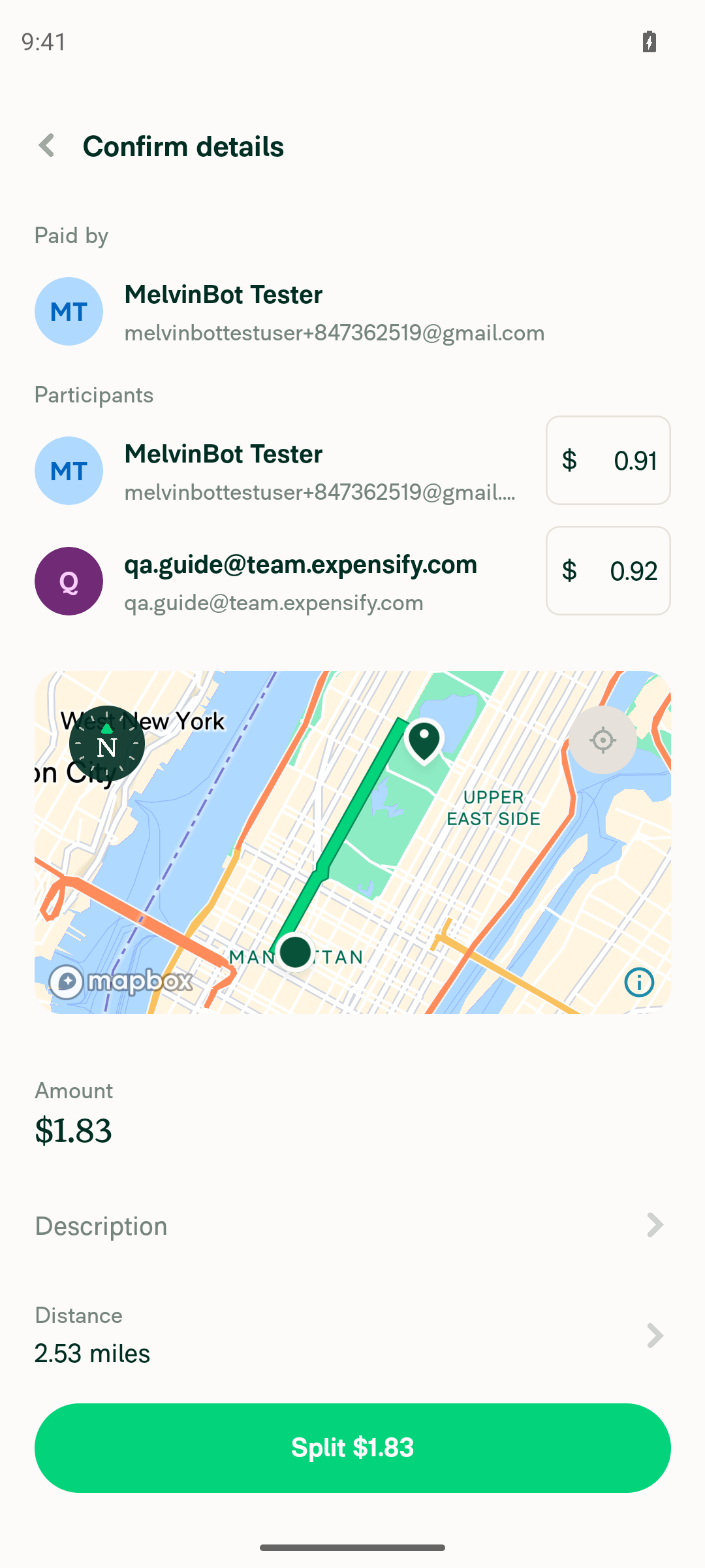 Confirm details: 1.83 total split between two participants, 2.53 miles