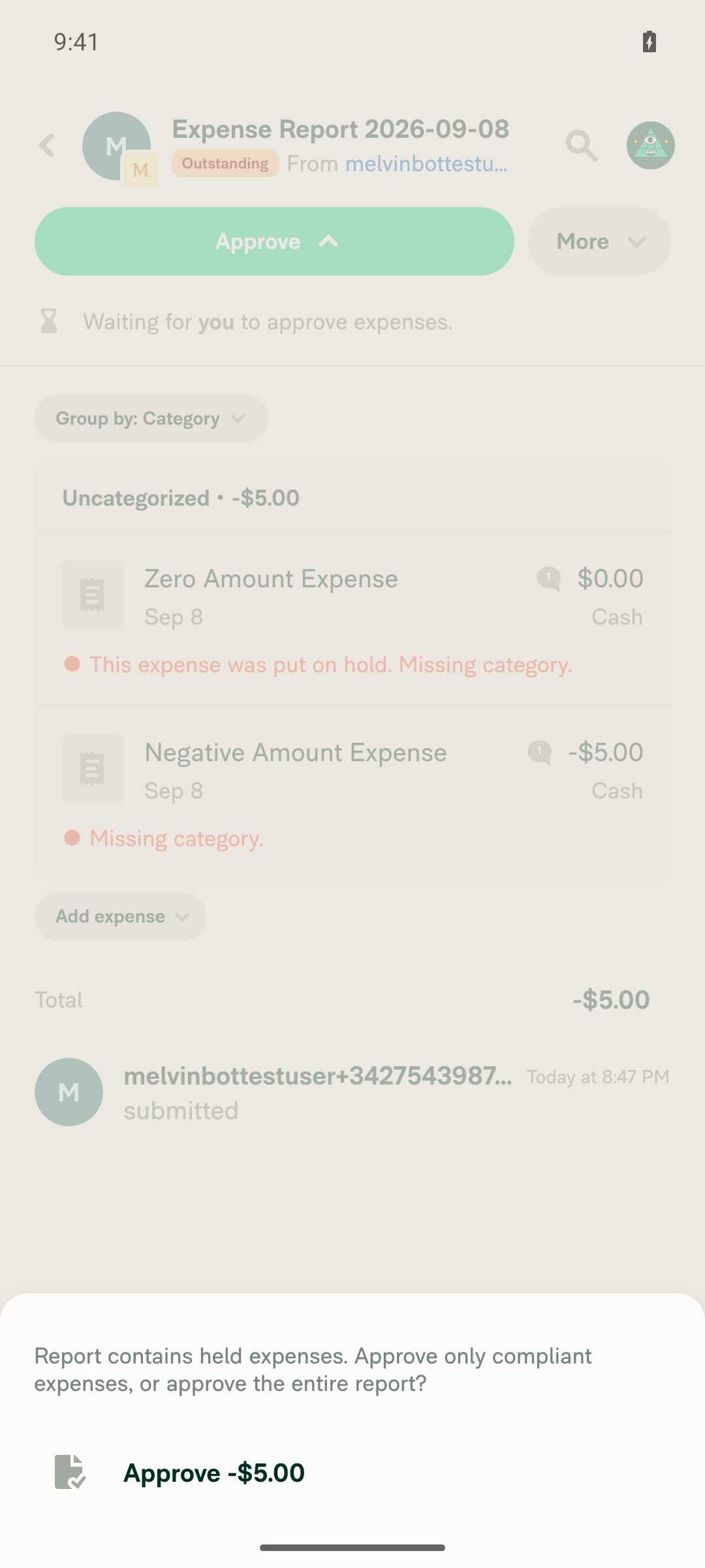 Approve confirmation from workspace chat/report showing only 'Approve -$5.00'