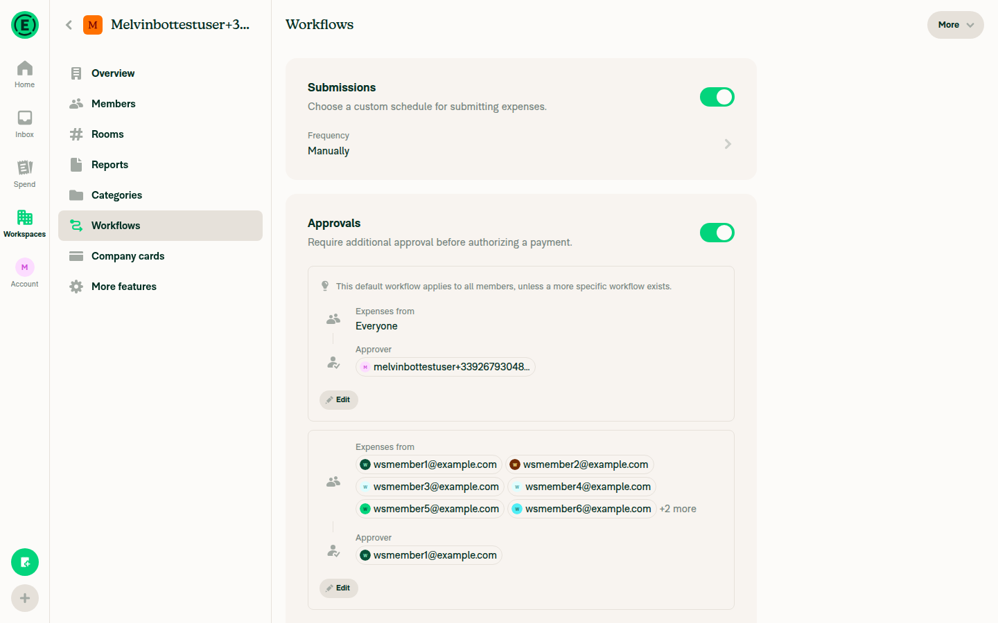 Workflows page with Approvals section and +2 more chip