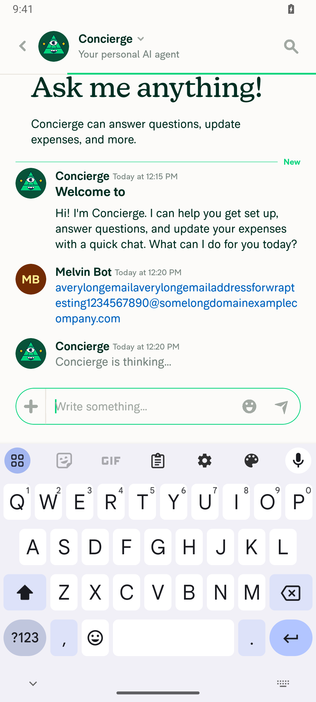 Message immediately after sending, showing the wrapped email in the chat