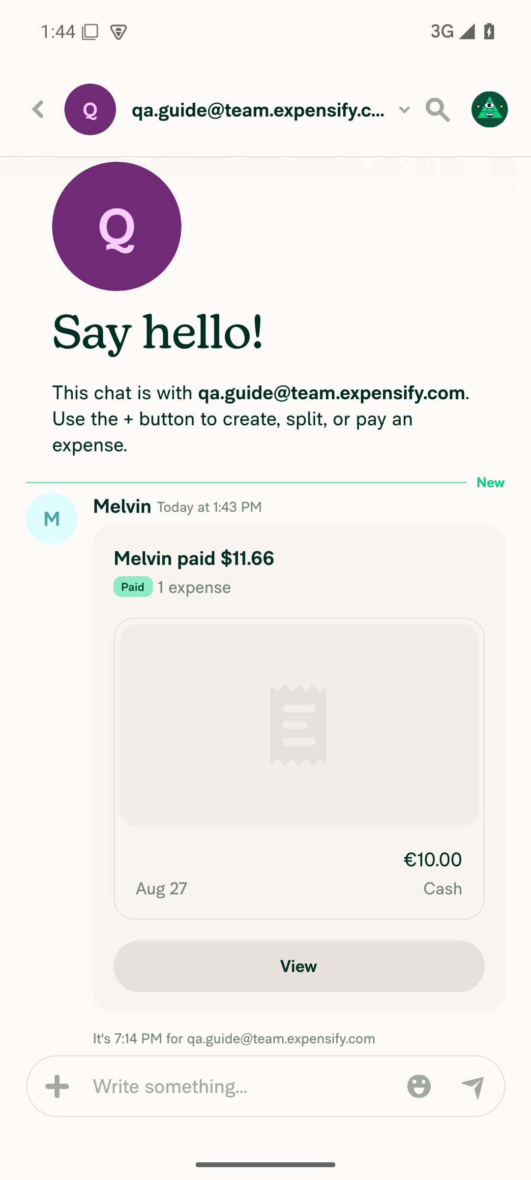DM chat showing paid, 1 expense after Mark as paid