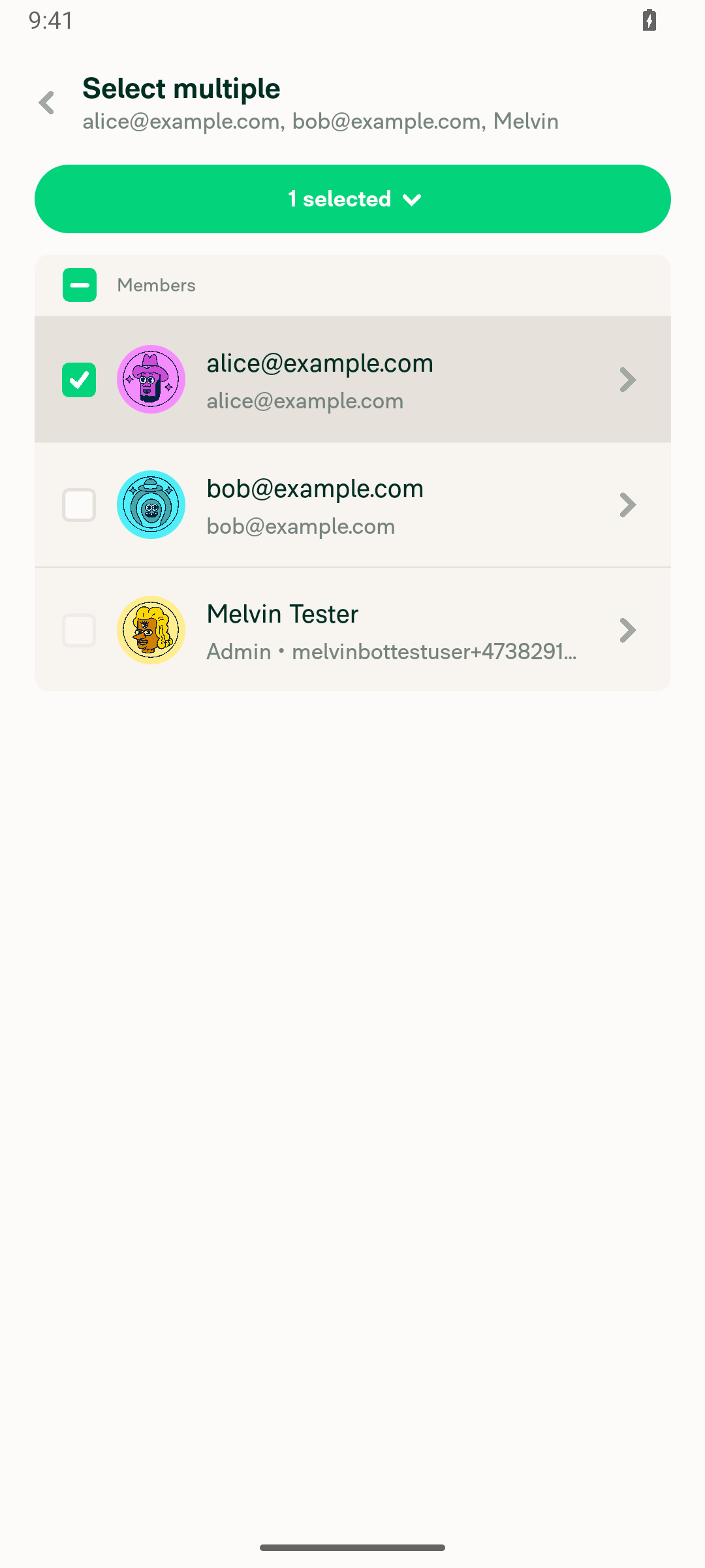 Long-press selection mode with per-row checkboxes; self/admin row checkbox disabled