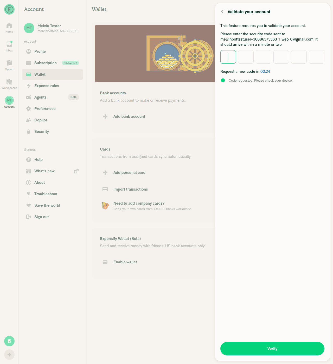 Wallet Add bank account magic-code prompt
