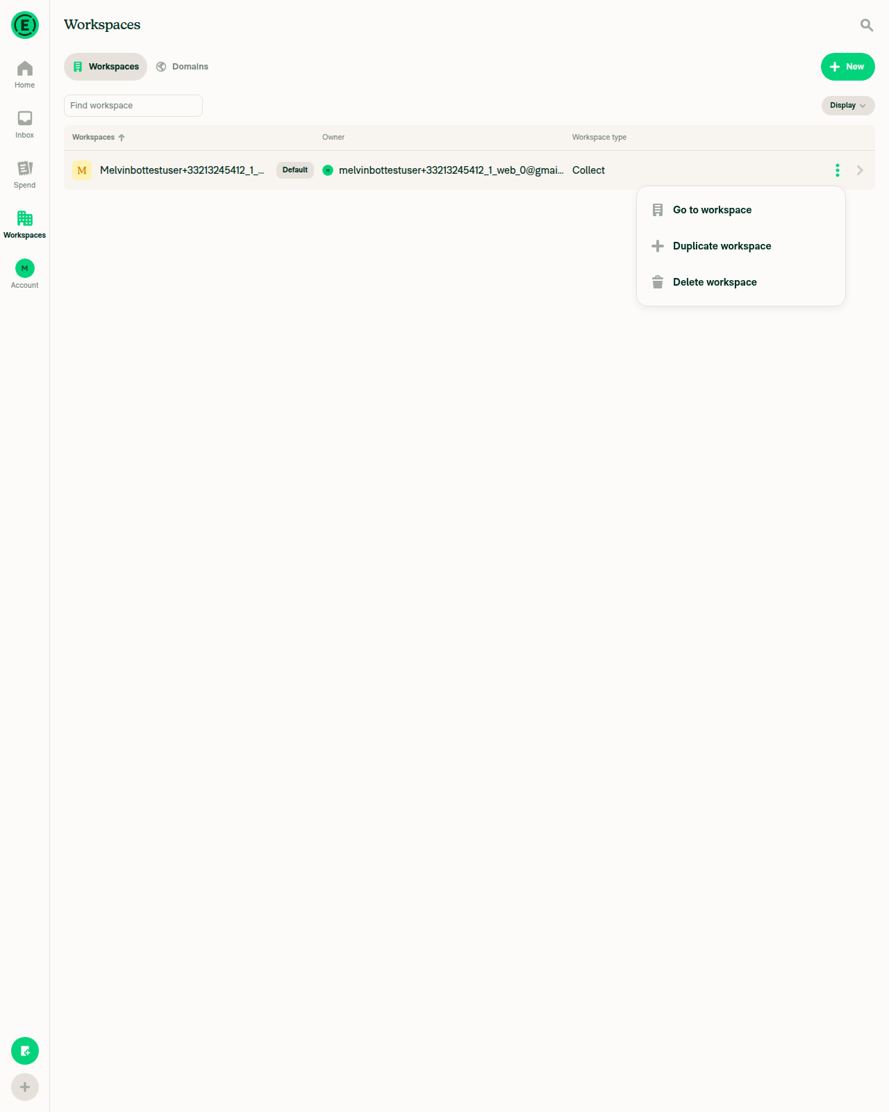 Workspace list three-dot menu showing 'Delete workspace'