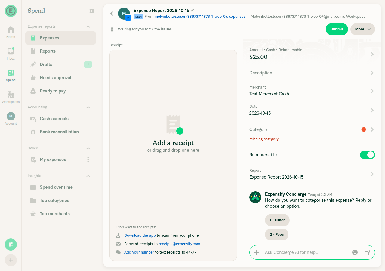 Cash expense showing Reimbursable toggle on