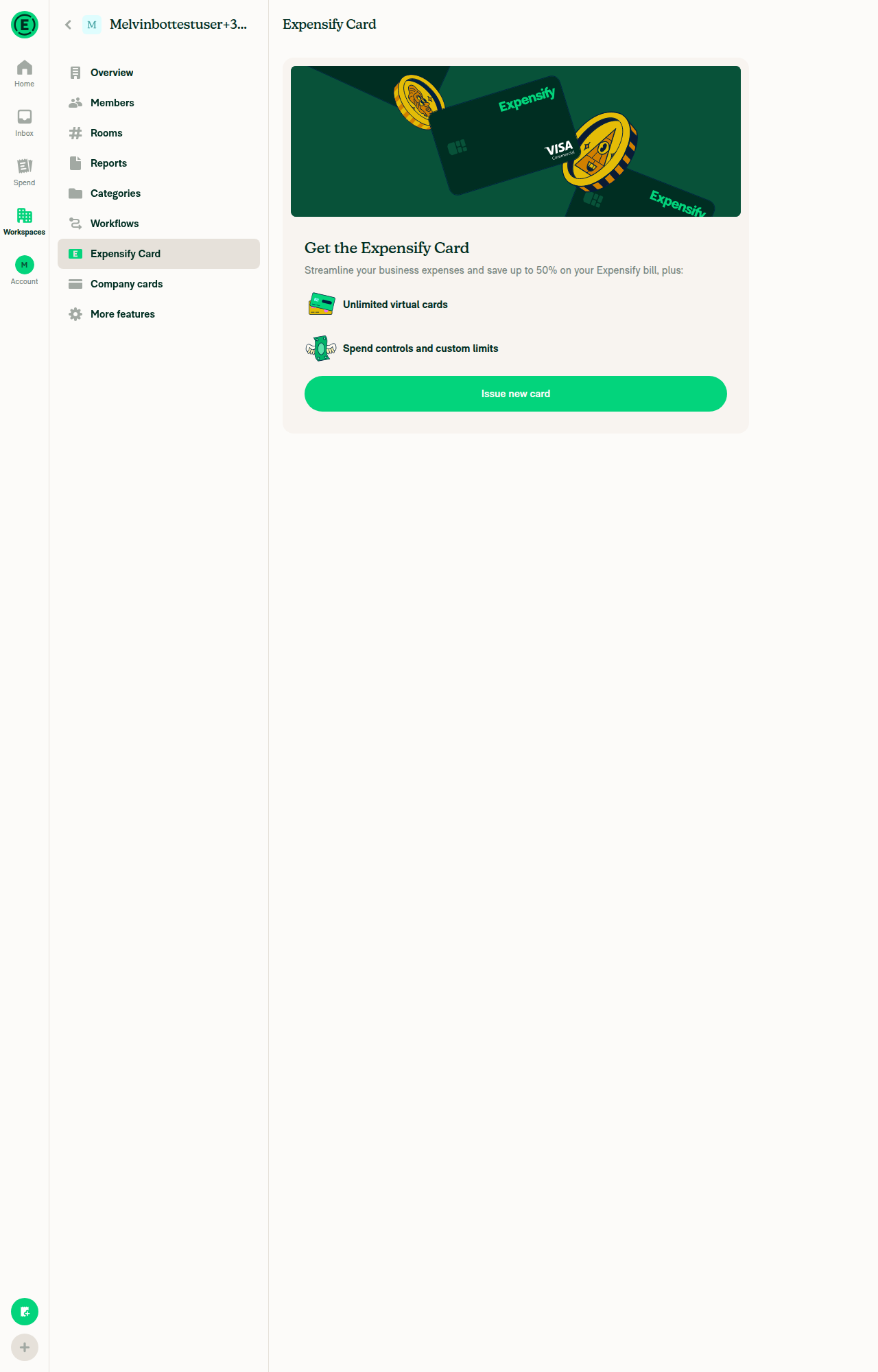 Expensify Card page showing Get the Expensify Card promo instead of Settings/Settlement frequency