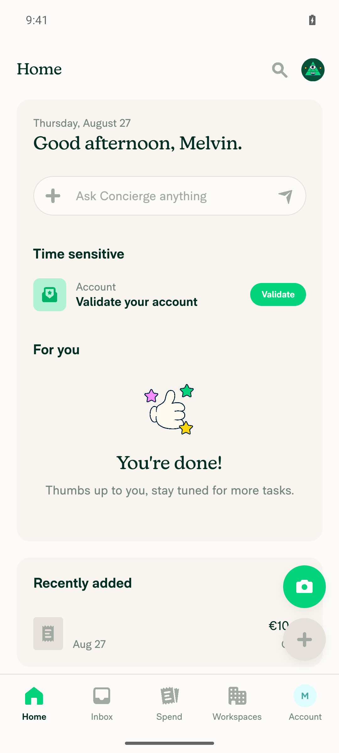 Home screen with the paid expense visible under Recently added
