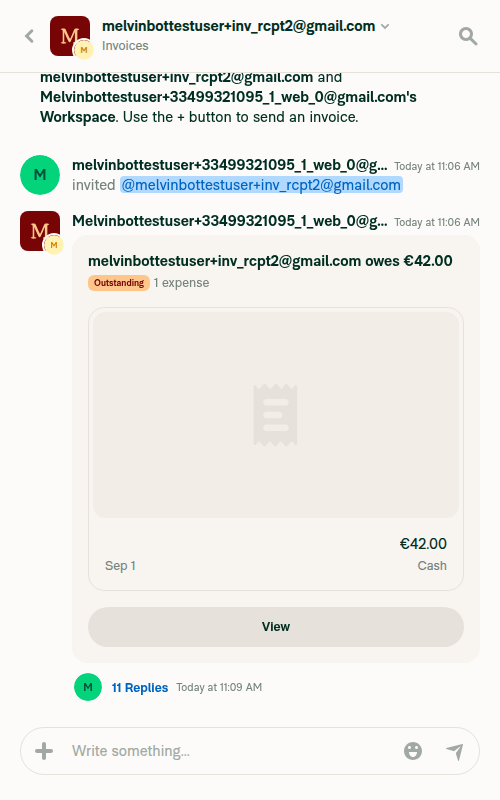 Narrow layout invoice chat with 11 Replies link