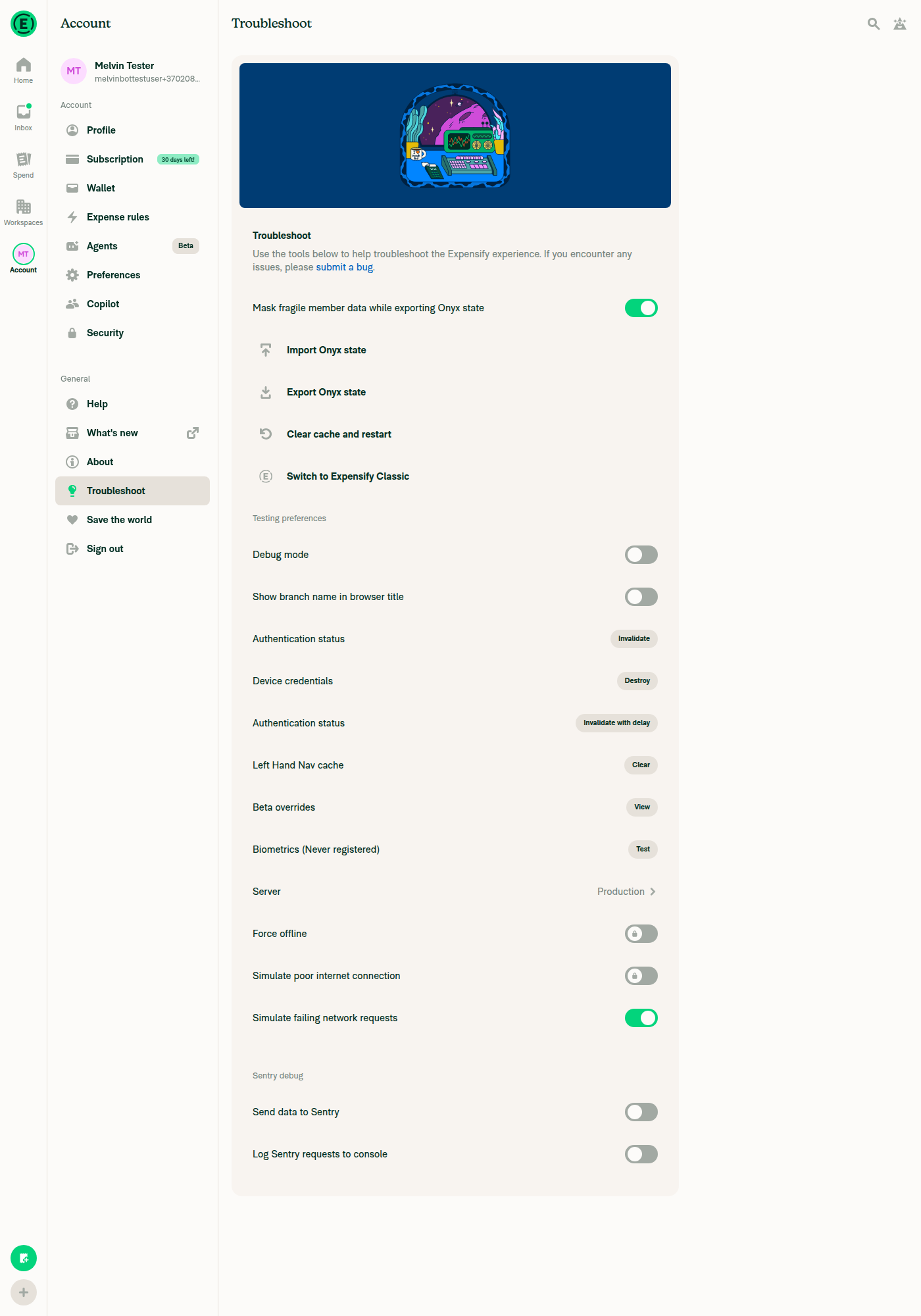 Simulate failing network requests turned on