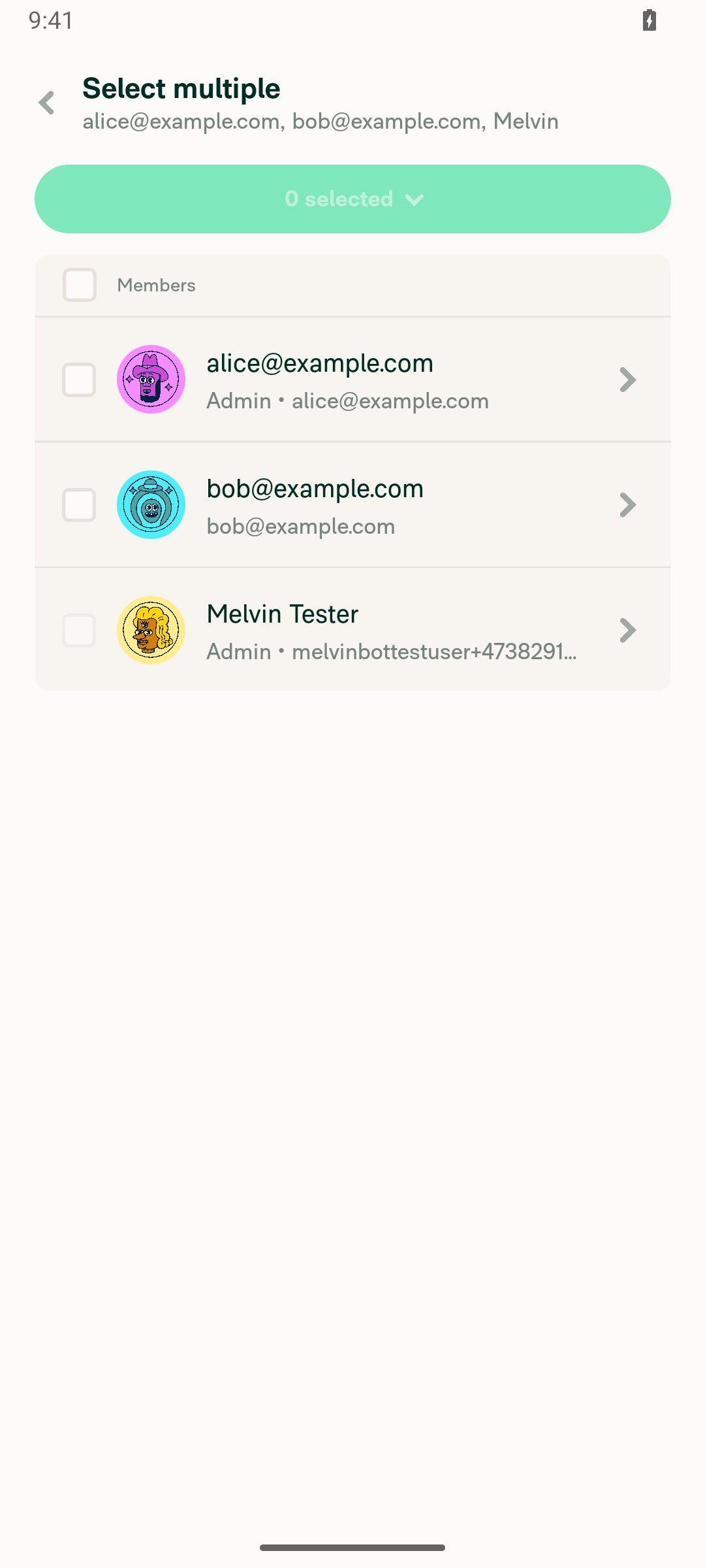 After Make admin: alice now shows Admin dot email subtitle, identical layout to the self admin row