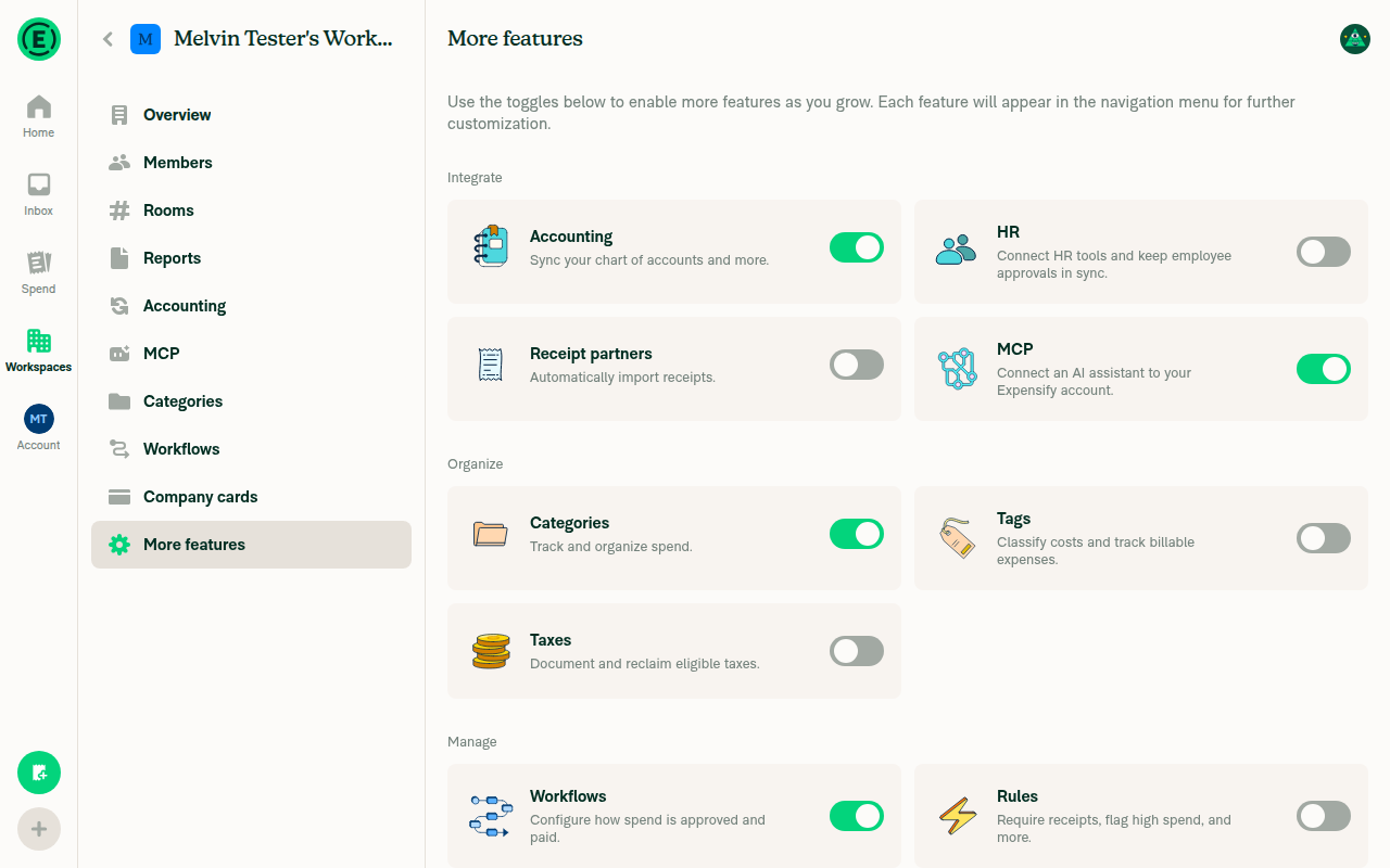 More Features page with Accounting enabled but no Vendors row present