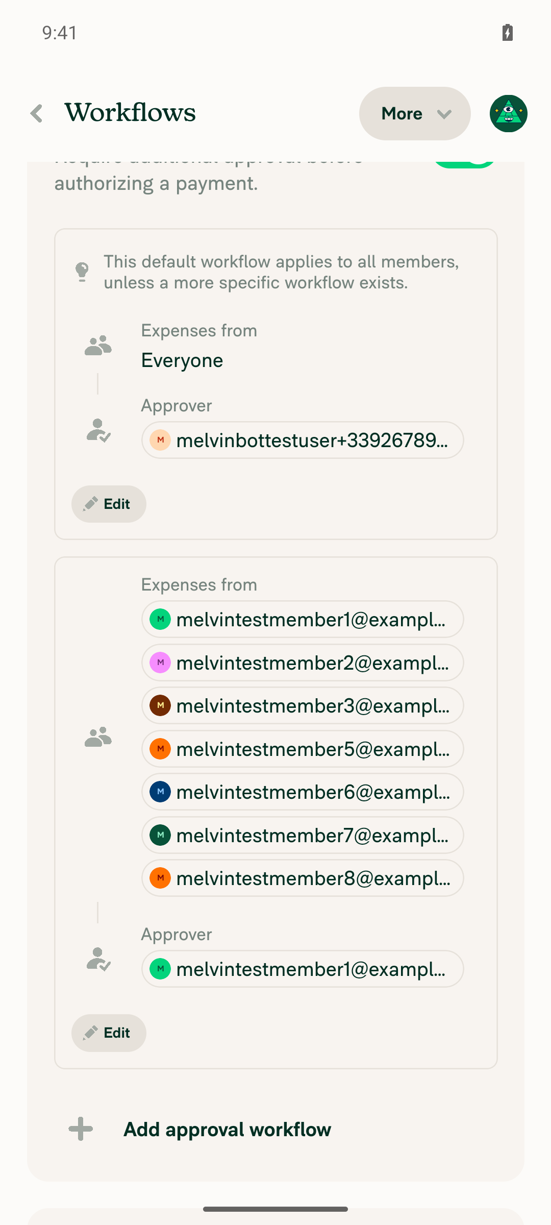 Workflows page after save, member4 absent from Expenses from list