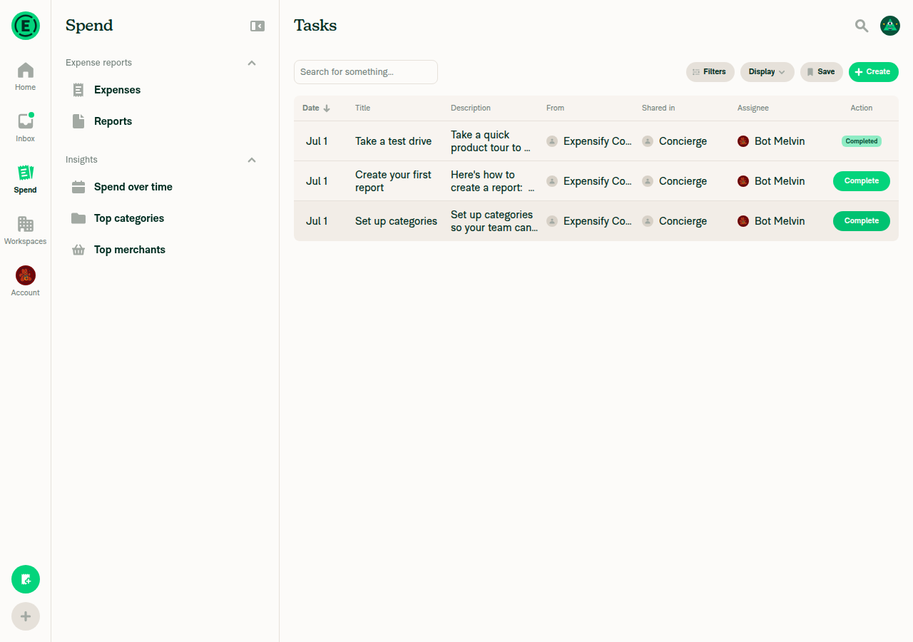 Tasks search results list showing three task rows with Date, Title, Description, From, Shared in (Concierge), Assignee, and Action columns