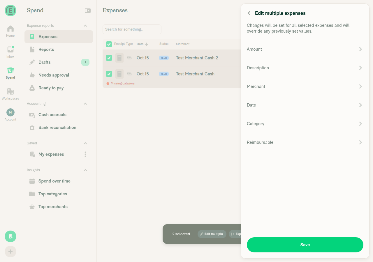 Edit multiple expenses showing Reimbursable row