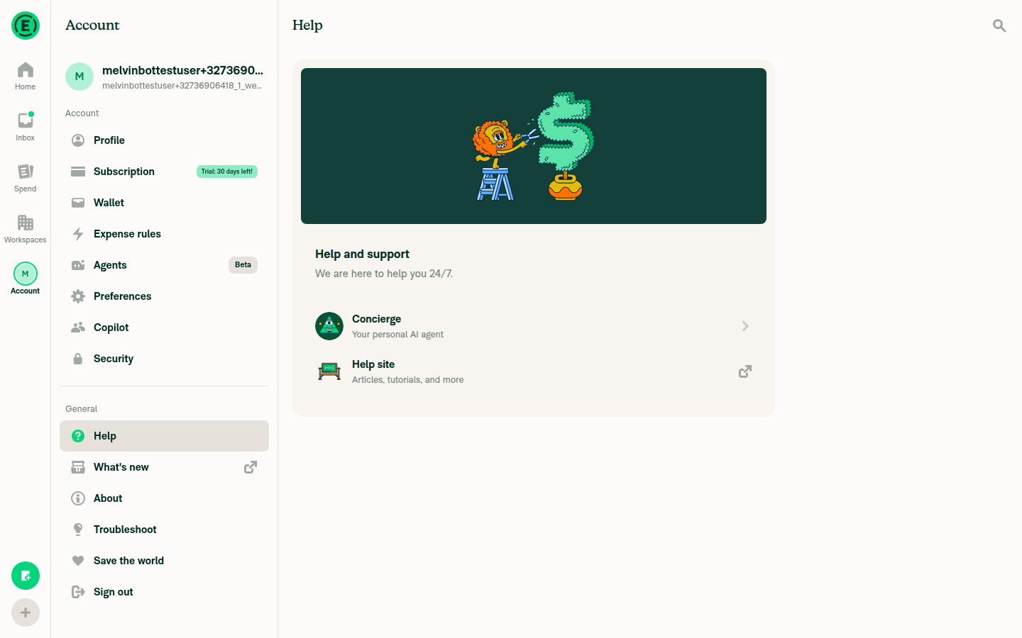 After clicking Concierge in Help page - no side panel opened, confirming feature is gated on onboarding completion