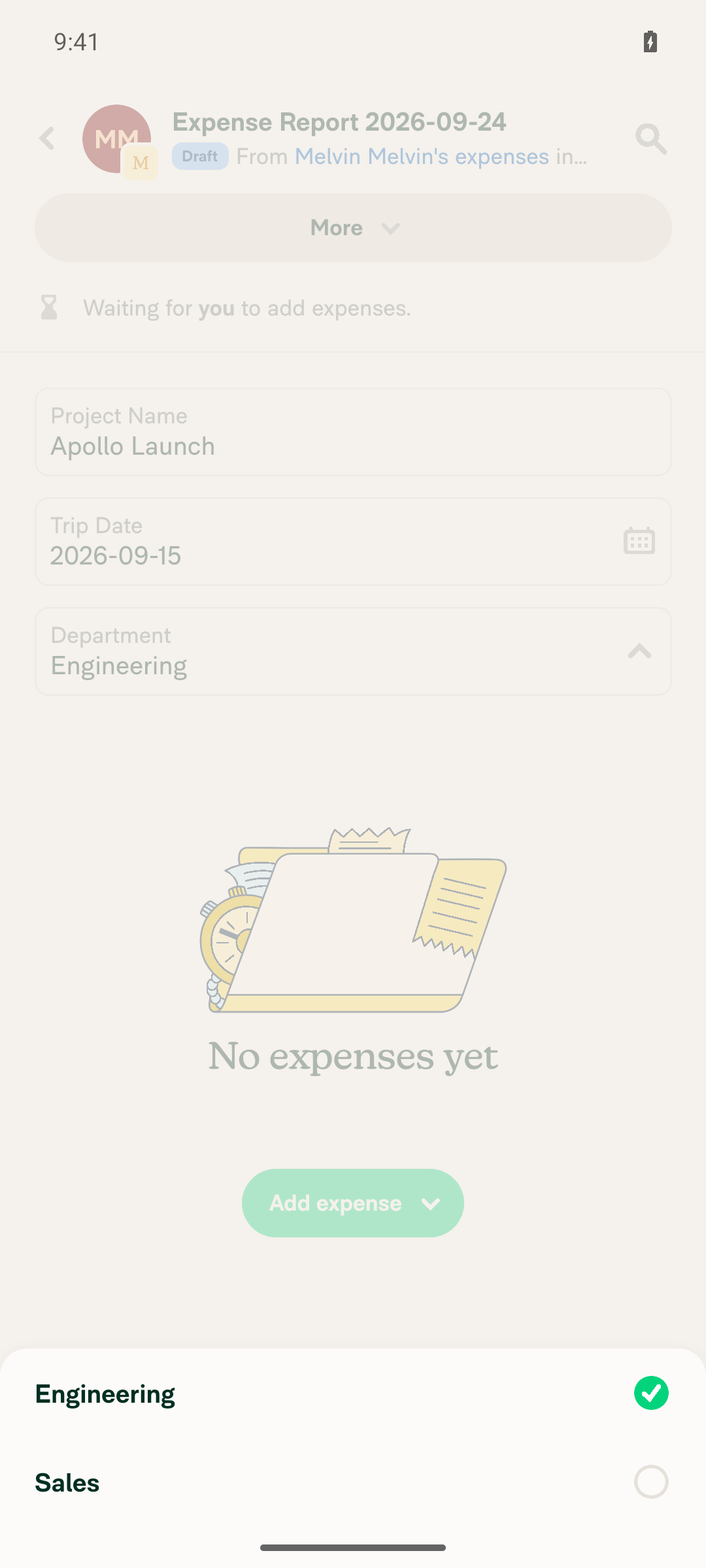 Dropdown report field opening a selection modal with Engineering and Sales