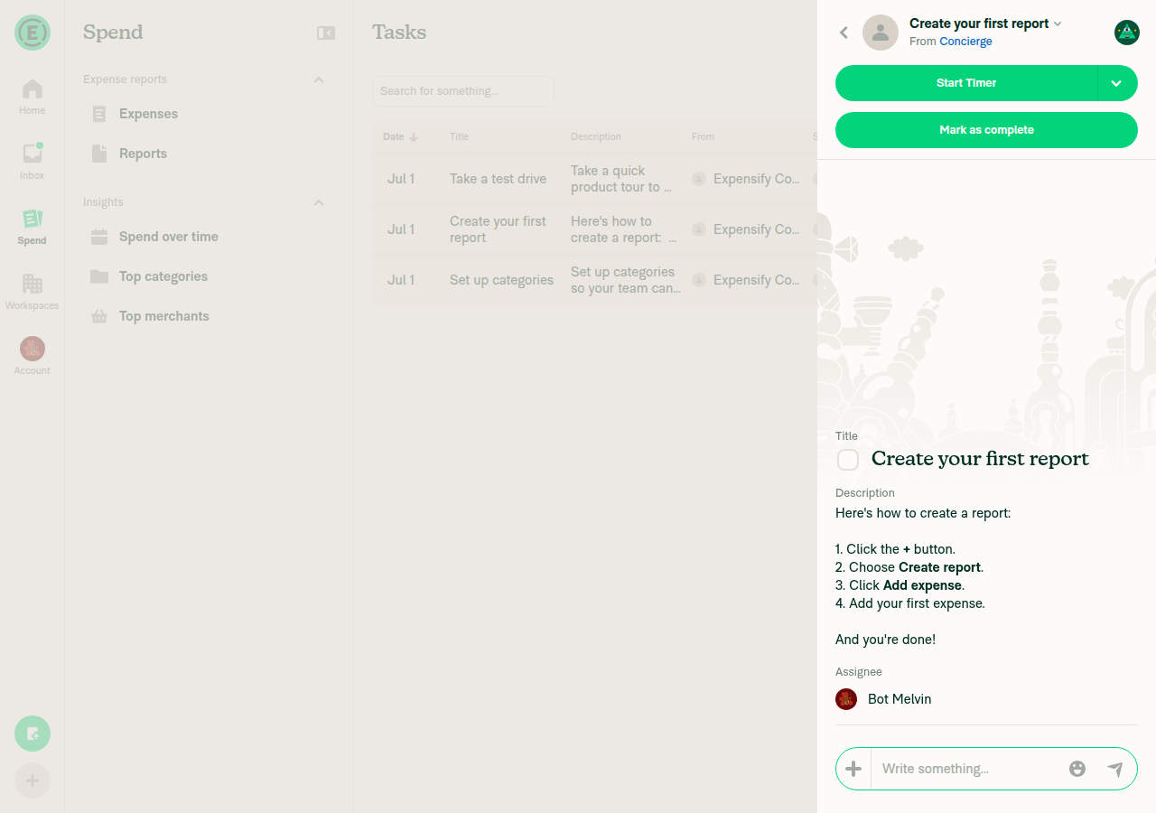 Task detail panel opened after clicking a task row, showing title, From Concierge parent link, description, assignee, and action buttons