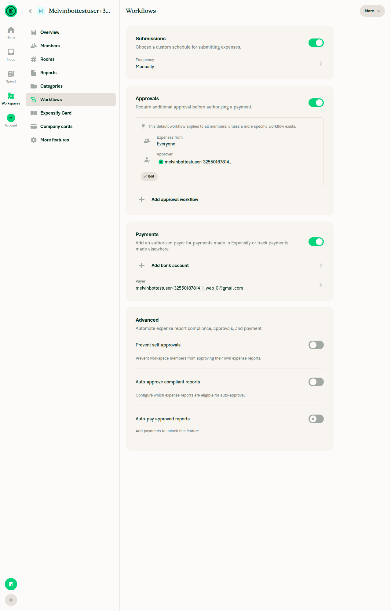 Workspace Workflows page with no Currency conversion fees entry point