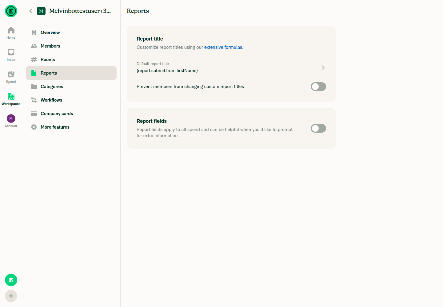 Workspace Reports settings showing saved formula {report:submit:from:firstName}