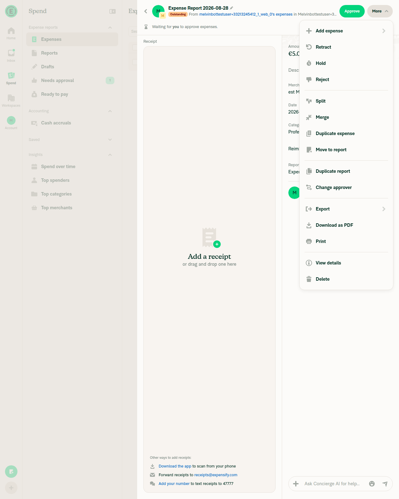 Report More menu (Outstanding) showing 'Retract'