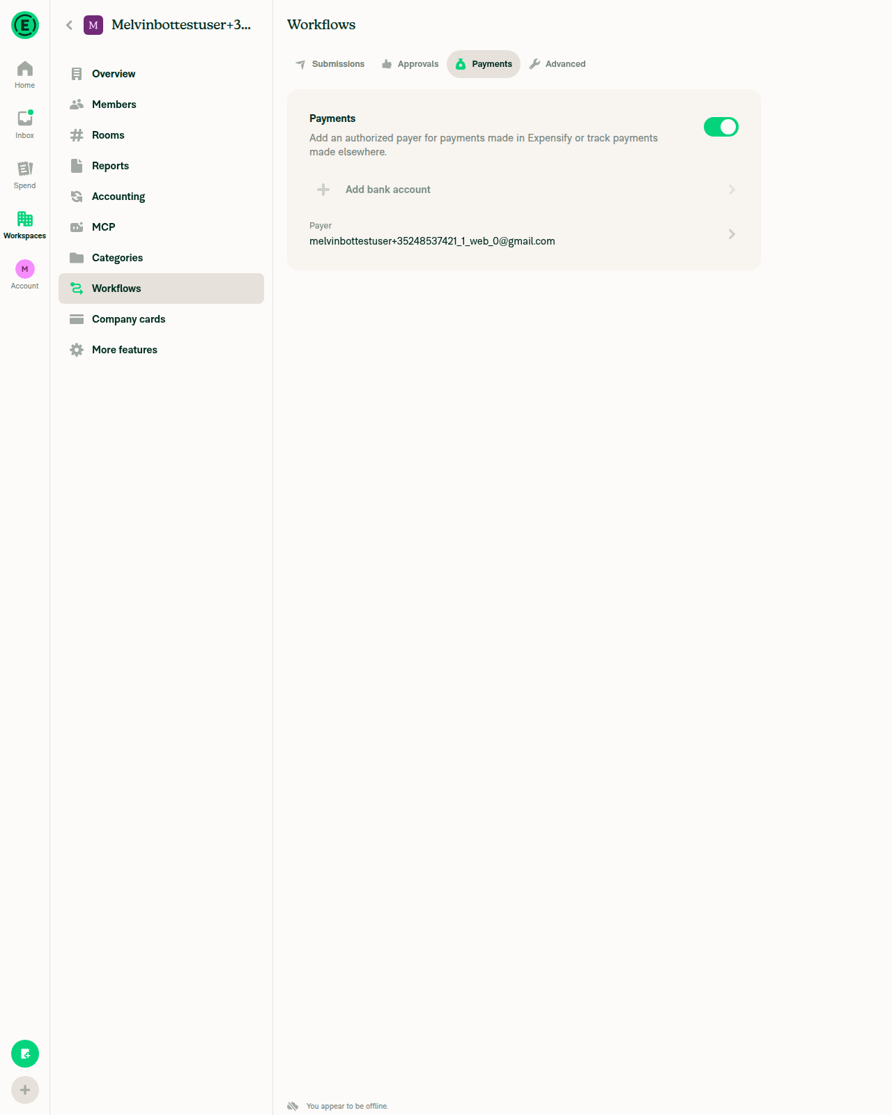 Payments tab offline - Add bank account disabled, no connected-account row present