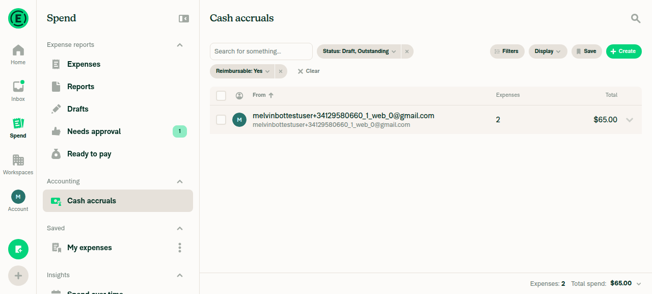 Cash accruals grouped view with one group row (2 expenses, $65.00)
